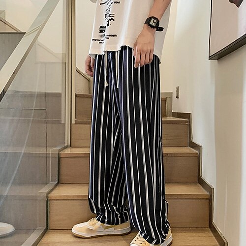 

Men's Trousers Casual Pants Drawstring Elastic Waist Straight Leg Stripe Comfort Soft Daily Streetwear Loose Black Micro-elastic / Elasticity