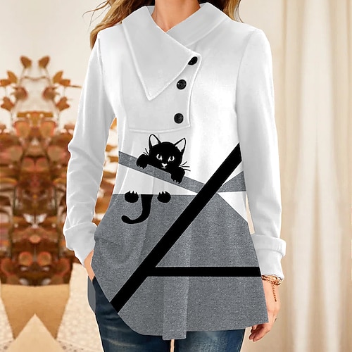 

Women's Sweatshirt Pullover V Neck Color Block Cat Print Daily Sports 3D Print Active Streetwear Hoodies Sweatshirts Gray