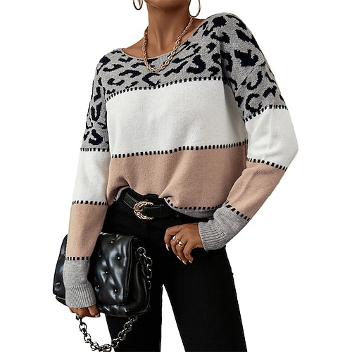 

Women's Pullover Sweater Jumper Ribbed Knit Patchwork Knitted Leopard Crew Neck Stylish Casual Outdoor Daily Fall Winter White S M L / Long Sleeve