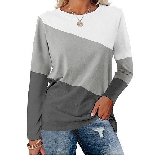 

Women's T shirt Tee Green Blue Gray Color Block Print Long Sleeve Casual Weekend Basic Round Neck Regular Painting S