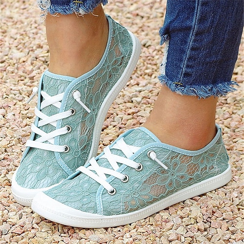 

Women's Sneakers Daily Plus Size Summer Lace Lace-up Flat Heel Round Toe Casual Sweet Lace Lace-up Solid Colored Black Blue Beige