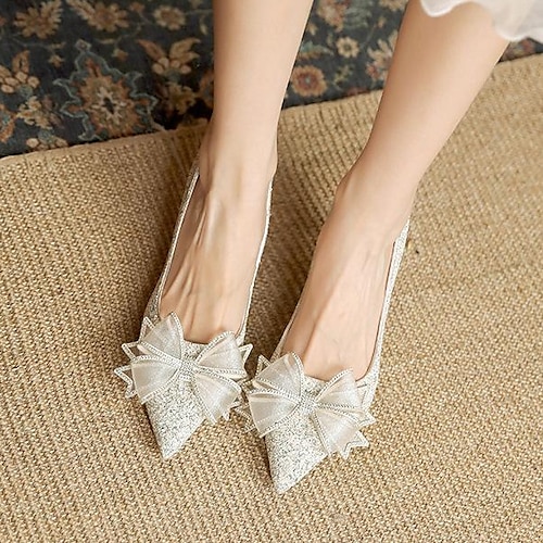 

Women's Heels Office Daily Plus Size Wedding Heels Bridesmaid Shoes Bowknot Stiletto Heel Pointed Toe Elegant Minimalism Glitter Loafer Solid Colored Silver Apricot