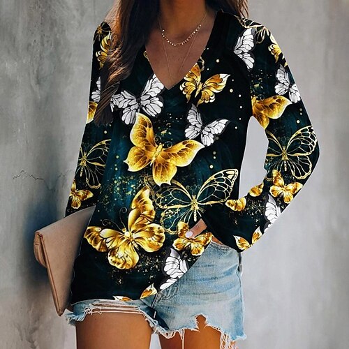 

Women's T shirt Tee Blue Yellow Gold Graphic Butterfly Print Long Sleeve Holiday Weekend Basic V Neck Regular Butterfly Painting S / 3D Print