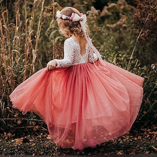 

Party First Communion A-Line Flower Girl Dresses Jewel Neck Floor Length Lace Tulle with Ruching Splicing Tutu Lace Back Cute Girls' Party Dress Fit 3-16 Years