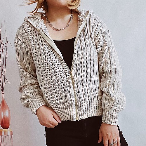 

Women's Cardigan Sweater Jumper Crochet Knit Zipper Knitted Pure Color Hooded Stylish Casual Outdoor Daily Winter Fall Khaki Beige S M L / Long Sleeve / Regular Fit / Going out