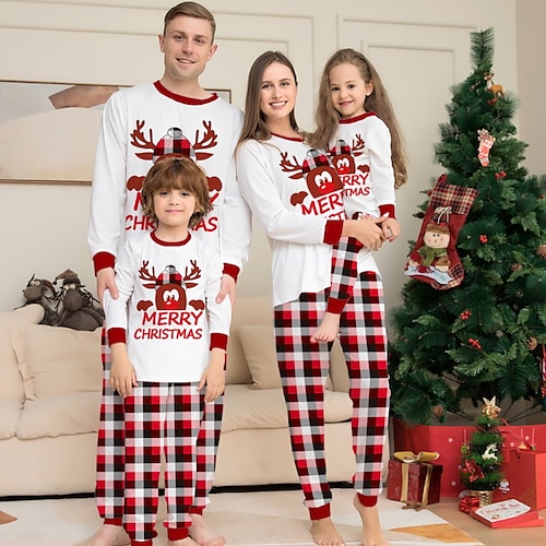 

Christmas Pajamas Ugly Family Set Plaid Deer Home White Long Sleeve Mom Dad and Me Mom Dad and Me Daily Matching Outfits