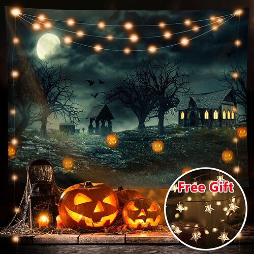 

Halloween Party Wall Tapestry Art Decor Blanket Curtain Hanging Home Bedroom Living Room Decoration Polyester Ghost Pumpkin Graveyard Bat Witch(with LED String Lights)