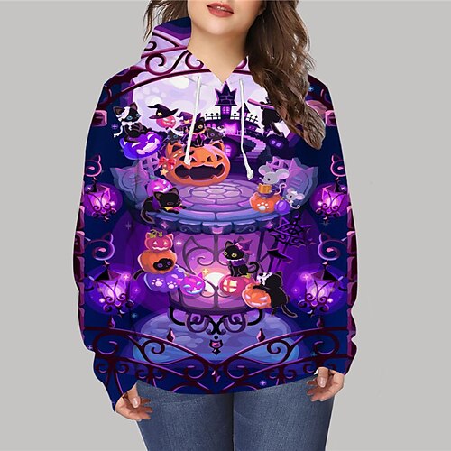 

Women's Plus Size Tops Hoodie Sweatshirt Cat Pumpkin Print Long Sleeve Hooded Casual Halloween Halloween Vacation Polyester Fall Winter Purple