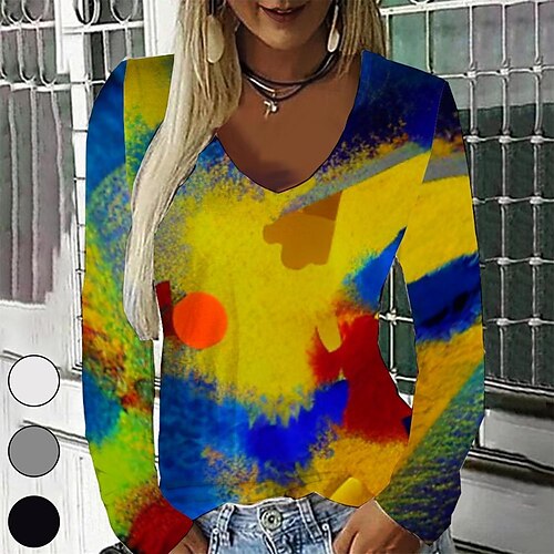 

Women's T shirt Tee Yellow Graphic Graffiti Print Long Sleeve Casual Daily Vintage V Neck Regular Painting S / 3D Print