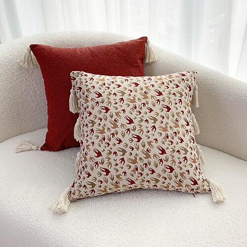 

Christmas Pillow Cover Boho Tassel Red White Square Zipper Traditional Classic Cushion Cover for Livingroom Bedroom Sofa Couch