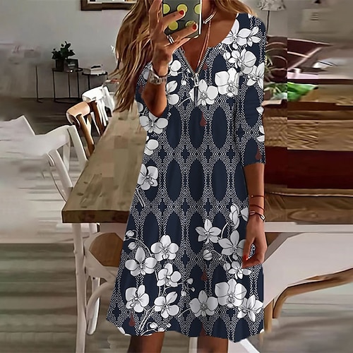 

Women's Casual Dress Blue Navy Blue Long Sleeve Leopard Zipper Winter Fall V Neck Winter Dress Weekend Fall Dress 2022 XS S M L XL XXL 3XL 4XL 5XL 6XL