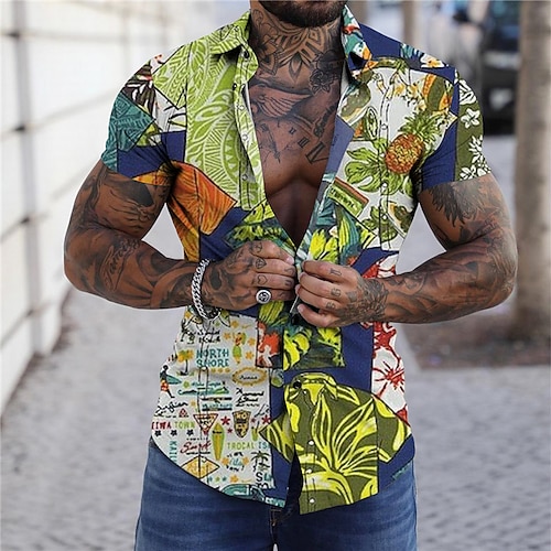 

Men's Shirt Graphic Shirt Floral Turndown Green 3D Print Outdoor Street Short Sleeves Button-Down Print Clothing Apparel Fashion Designer Casual Breathable / Summer / Spring / Summer