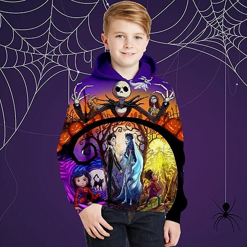 

Kids Boys Halloween Hoodie Skull Outdoor 3D Print Long Sleeve Pocket Active 3-13 Years Winter Purple