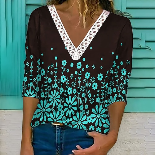 

Women's T shirt Tee Floral Casual Daily Holiday T shirt Tee Long Sleeve Patchwork Lace Trims Print V Neck Basic Rainbow 3XL