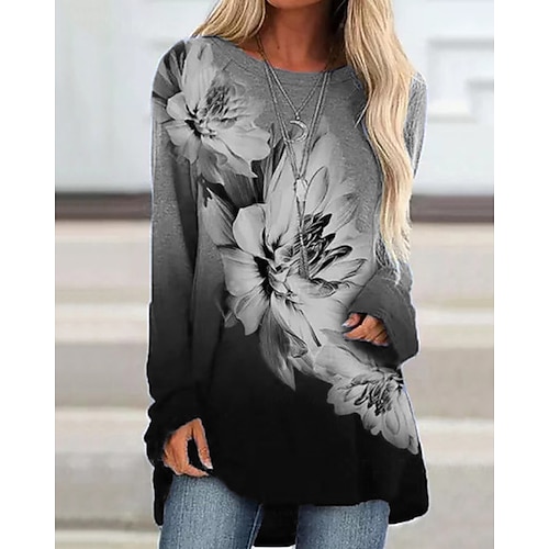 

Women's T shirt Tee Blue Gray Purple Floral Print Long Sleeve Casual Weekend Basic Round Neck Long Floral Painting S / 3D Print