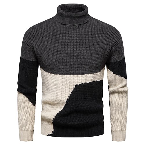 

Men's Sweater Pullover Sweater Jumper Jumper Crochet Knit Tunic Patchwork Knitted Color Block Turtleneck Stylish Casual Daily Going out Winter Fall Black Blue M L XL