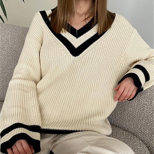 

Women's Pullover Sweater Jumper Ribbed Knit Knitted Striped V Neck Stylish Casual Outdoor Daily Fall Winter White Black S M L / Long Sleeve