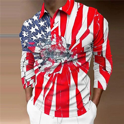 

Men's Collar Polo Shirt Golf Shirt National Flag Turndown Blue 3D Print Outdoor Street Long Sleeve Button-Down Print Clothing Apparel Fashion Designer Casual Breathable