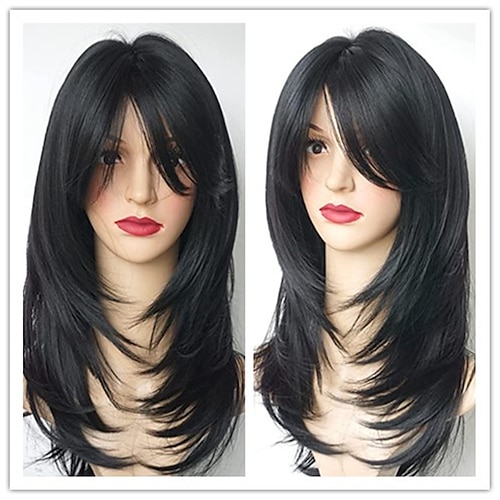 

Synthetic Wig Yaki Straight Side Part Machine Made Wig 16 inch Natural Black #1B Synthetic Hair Women's Adjustable Color GradientHigh Quality Natural Black