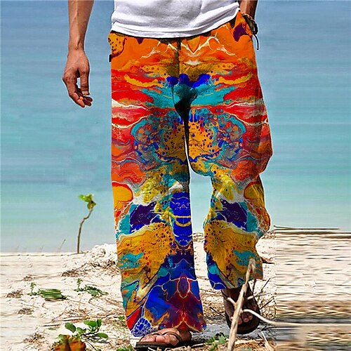 

Men's Trousers Beach Pants Pocket Drawstring Elastic Waist Graphic Prints Comfort Breathable Casual Daily Holiday Streetwear Designer Orange / Elasticity