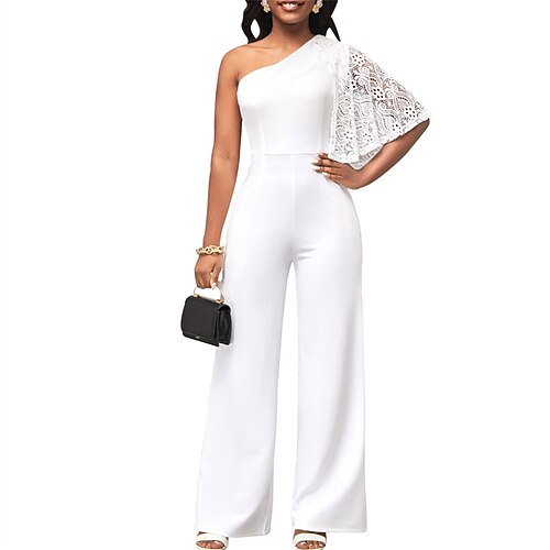 

Women's Jumpsuit Lace Backless Solid Color One Shoulder Formal Party Daily Regular Fit Short Sleeve Wine Fuchsia Brown S M L Winter
