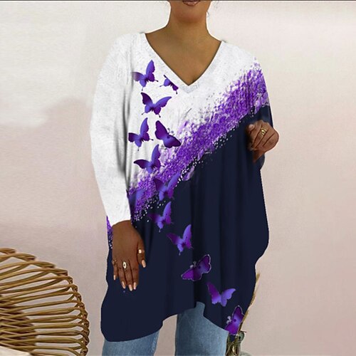 

Women's Plus Size Tops T shirt Tee Floral Color Block Print Long Sleeve V Neck Casual Daily Vacation Cotton Spandex Jersey Fall Winter Black Blue / Cat / Butterfly / Moon