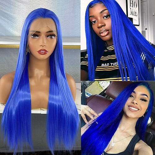 

Blue Synthetic Lace Front Wig for Women Free Part Straight Long Dark Blue Lace Front Wig Glueless Synthetic Hair Replacement Wigs Heat Resistant 24 Inches