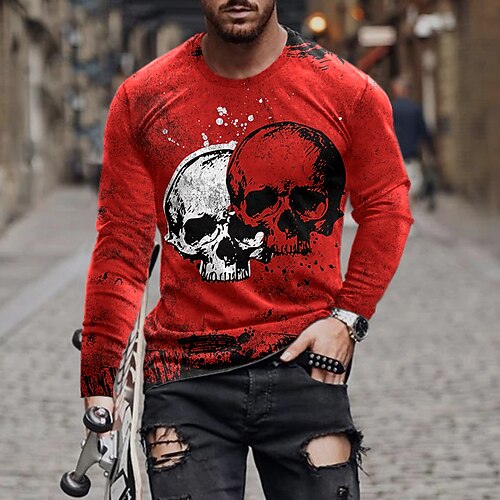 

Men's Unisex T shirt Tee Skull Graphic Prints Crew Neck Red 3D Print Outdoor Street Long Sleeve Print Clothing Apparel Basic Vintage Sports Designer
