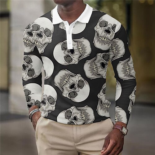 

Men's Collar Polo Shirt Golf Shirt Skull Turndown Black 3D Print Halloween Street Long Sleeve Button-Down Print Clothing Apparel Vintage Cool Designer Casual