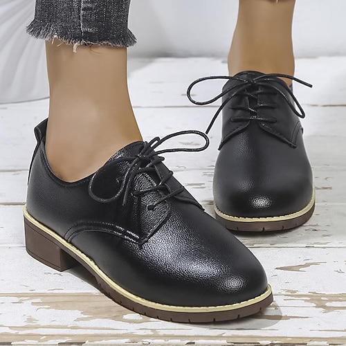 

Women's Oxfords Daily Comfort Shoes Lace-up Flat Heel Round Toe Elegant Casual PU Leather Lace-up Solid Colored Black Red