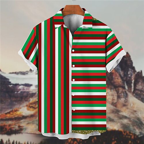 

Men's Shirt Summer Hawaiian Shirt Striped Turndown Green 3D Print Outdoor Street Short Sleeves Button-Down Print Clothing Apparel Designer Casual Breathable / Spring
