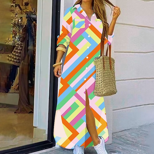 

Women's Casual Dress Shirt Dress Shift Dress Long Dress Maxi Dress Yellow Orange White Long Sleeve Geometric Button Winter Fall Autumn Shirt Collar Mature Winter Dress Weekend Fall Dress 2022 S M L