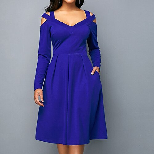 

Women's Knee Length Dress Knee Length Dress Black Blue Red Long Sleeve Pure Color Pocket Cold Shoulder Fall Winter V Neck Elegant Mature 2022 S M L XL XXL 3XL 4XL 5XL