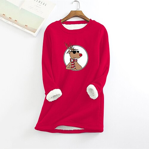 

Women's Plus Size Christmas Fleece Tops T shirt Tee Pullover Sweatshirt Animal Deer Print Long Sleeve Crew Neck Basic Casual Daily Polyester Winter Fall Blue khaki