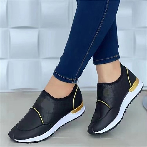 

Women's Slip-Ons Party Daily Comfort Shoes Wedge Heel Round Toe Sporty Casual PU Leather Loafer Color Block Almond Light Brown Black