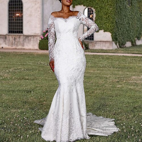 

Mermaid / Trumpet Wedding Dresses Off Shoulder Chapel Train Lace Tulle Long Sleeve Romantic Sexy Backless Elegant with Appliques 2022