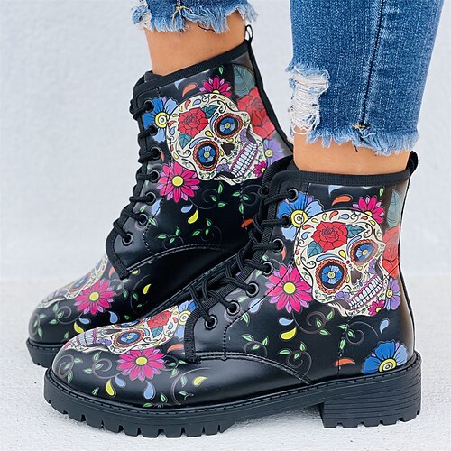 

Women's Unisex Boots Combat Boots Booties Ankle Boots Lace-up Low Heel Round Toe Casual Sweet Outdoor Daily PU Leather Lace-up Fall Winter 3D Black