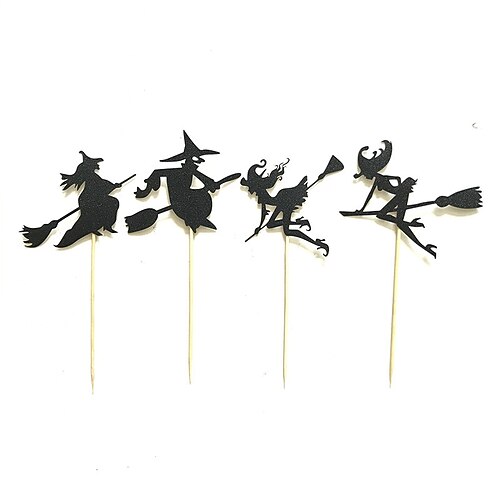 

4PCS/set Halloween Cupcake Toppers A Witch Ride On a Broomstick Cake Inserted Card For Kids Birthday Cake Decor Halloween Supplies