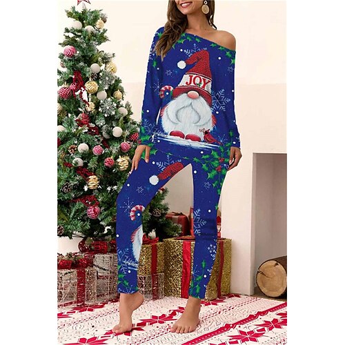 

Women's ChristmasPjs Pajamas Sets 2 Pieces Santa Claus Trees Comfort Soft Home Bed Cotton Spandex Jersey Long Sleeve T shirt Tee Pant Elastic Waist Winter Fall Green Blue