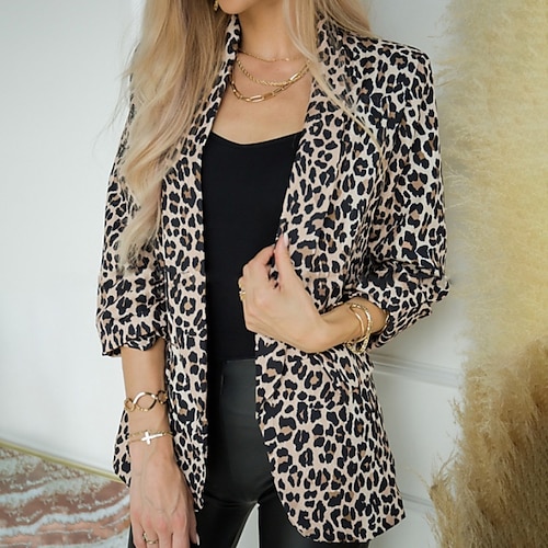 

Women's Blazer Breathable Comfortable Outdoor Office Holiday Pocket Single Breasted Turndown OL Style Elegant Leopard Regular Fit Outerwear Long Sleeve Winter Fall Black And White Leopard Black S M L