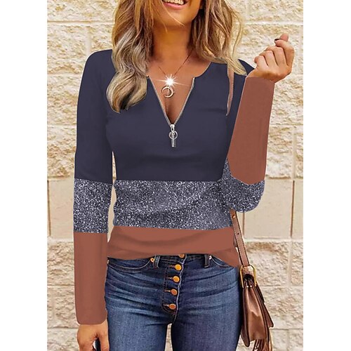

Women's T shirt Tee Pink Navy Blue Color Block Quarter Zip Long Sleeve Daily Weekend Basic V Neck Regular S / 3D Print