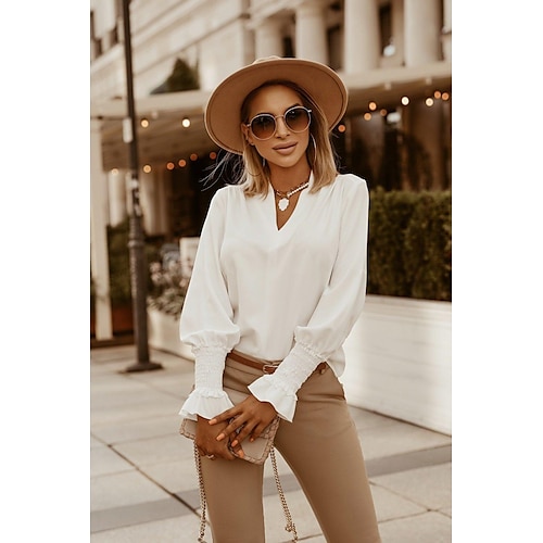 

Women's Blouse Solid Colored Basic V Neck Standard Spring Camel White Black