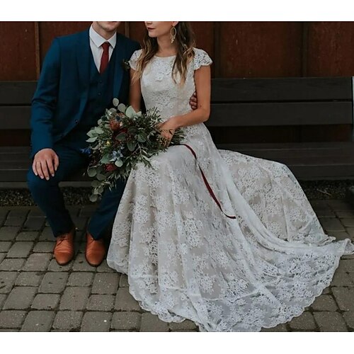 

A-Line Wedding Dresses Jewel Neck Sweep / Brush Train Lace Tulle Sleeveless Beach Boho Sexy Backless with Cascading Ruffles 2022