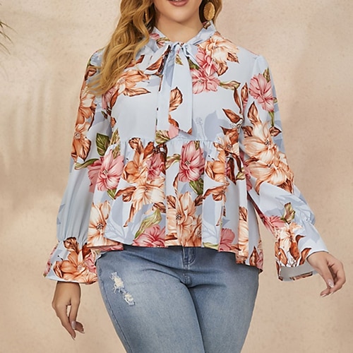 

Women's Plus Size Tops Blouse Shirt Floral Bow Print Long Sleeve Standing Collar Casual Daily Vacation Polyester Fall Winter Blue