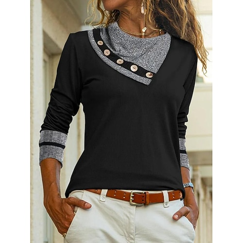 

Women's T shirt Tee Color Block Casual Weekend T shirt Tee Long Sleeve Button Round Neck Basic Green Black Blue S
