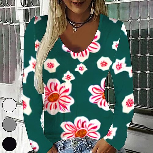 

Women's T shirt Tee Green Graphic Geometric Print Long Sleeve Casual Daily Vintage V Neck Regular Geometric Painting S / 3D Print