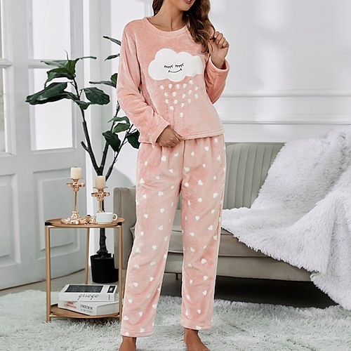 

Women's Pajamas Winter Sets Pjs 2 Pieces Heart Comfort Soft Home Bed Polyester Warm Crew Neck Long Sleeve Pant Winter Fall Pink / Flannel
