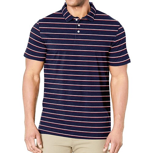 

Men's Collar Polo Shirt Golf Shirt Striped Turndown Navy Blue 3D Print Outdoor Street Short Sleeves Button-Down Print Clothing Apparel Fashion Designer Casual Breathable / Summer / Spring / Summer