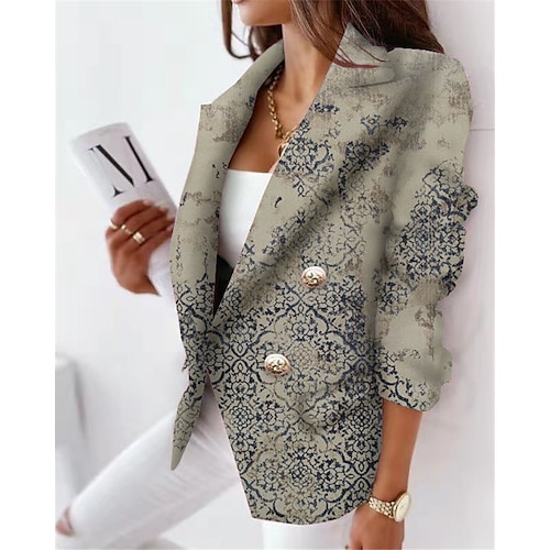 

Women's Blazer Breathable Formal Office Work with Pockets Print Double Breasted Turndown Elegant Formal Modern Office / career Flower Regular Fit Outerwear Long Sleeve Winter Fall Blue S M L XL XXL
