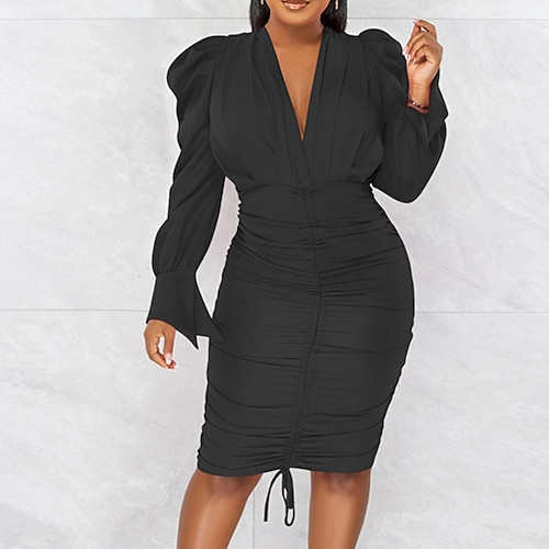 

Women's Sheath Dress Black Dress Black Blue Fuchsia Long Sleeve Pure Color Ruched Winter Fall Autumn V Neck Mature Winter Dress Fall Dress Slim 2022 S M L XL XXL